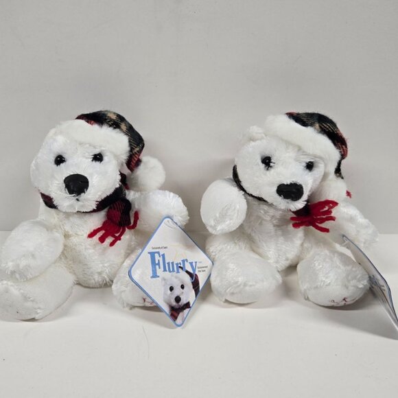 2 x Vintage Sears Exclusive Plush Flurry Stuffed White Polar Bear w/ Hat 6" - Picture 1 of 8
